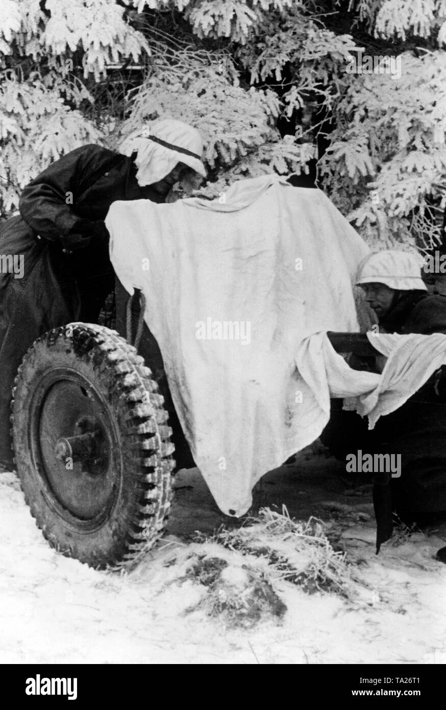 Tedesco soldati della Wehrmacht mimetizzare un 3rd7cm Pak 35/36 anti-pistola serbatoio con un foglio bianco accanto alla foresta a est della città Volokolamsk nella sezione centrale del fronte orientale. (PK foto: corrispondente di guerra Erich Bauer). Foto Stock