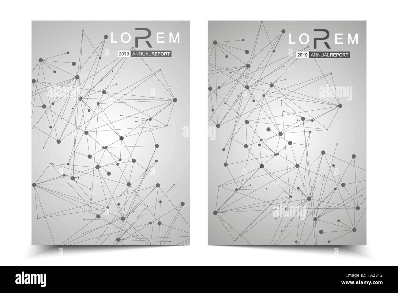 Brochure scientifico modello di disegno. Vettore formato flyer, struttura molecolare collegato con linee e punti. Modello scientifico DNA atom con elementi Illustrazione Vettoriale