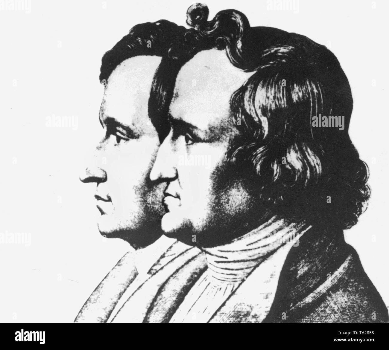 I fratelli Wilhelm (1786-1859) e Giacobbe (1785-1863) Grimm, specializzato in studi di tedesco e linguistica e gli editori della famosa fiaba. Foto Stock