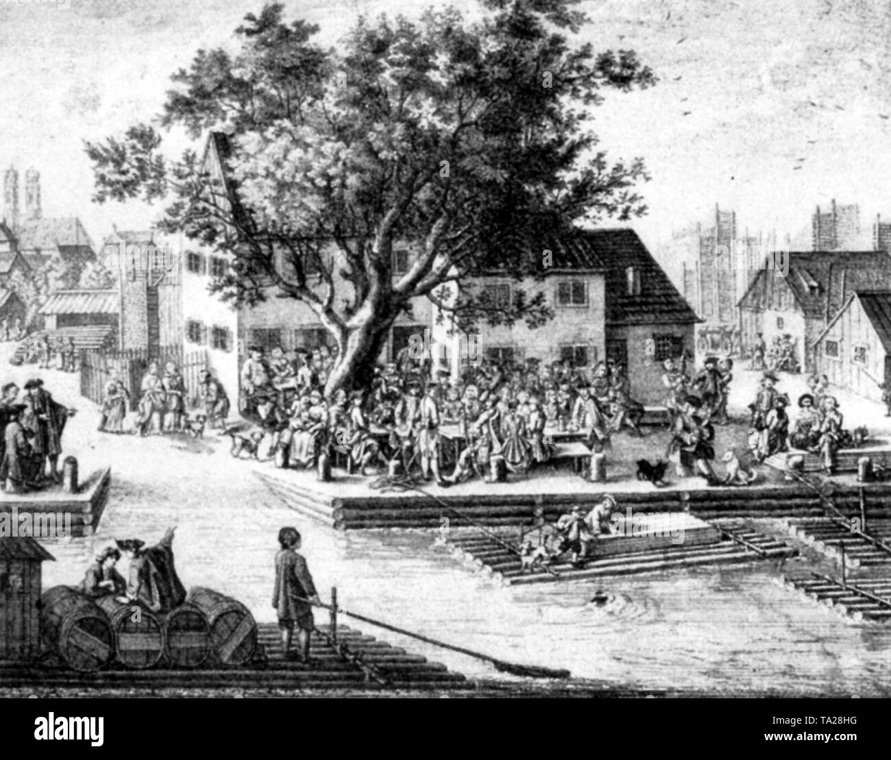 Il ristorante 'Gruener Baum" (albero verde) sull'Isar a Monaco di Baviera. Incisione da 1767. Foto Stock