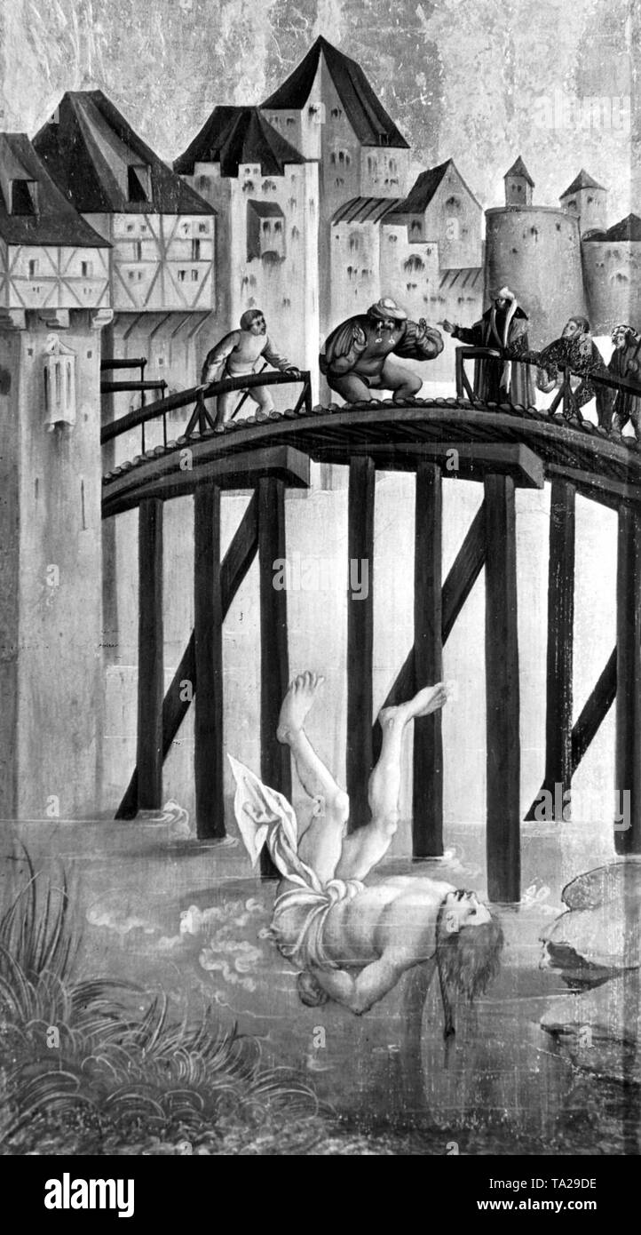 San Floriano cade da un ponte: Esecuzione per annegamento del reato legato. Rappresentazione di un poi comune tipo di pena capitale da un pittore della scuola del Danubio (XVI secolo). Foto Stock