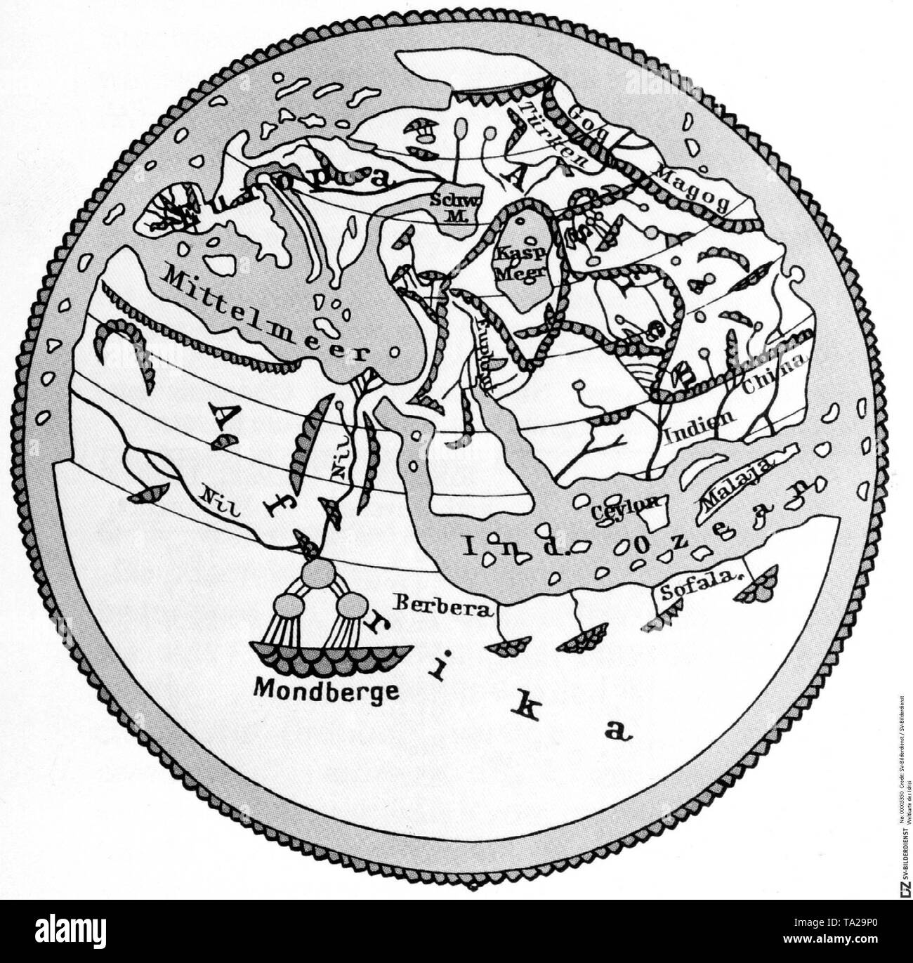 La mappa del mondo di arabo al-Idrisi dall'anno 1154. Foto Stock