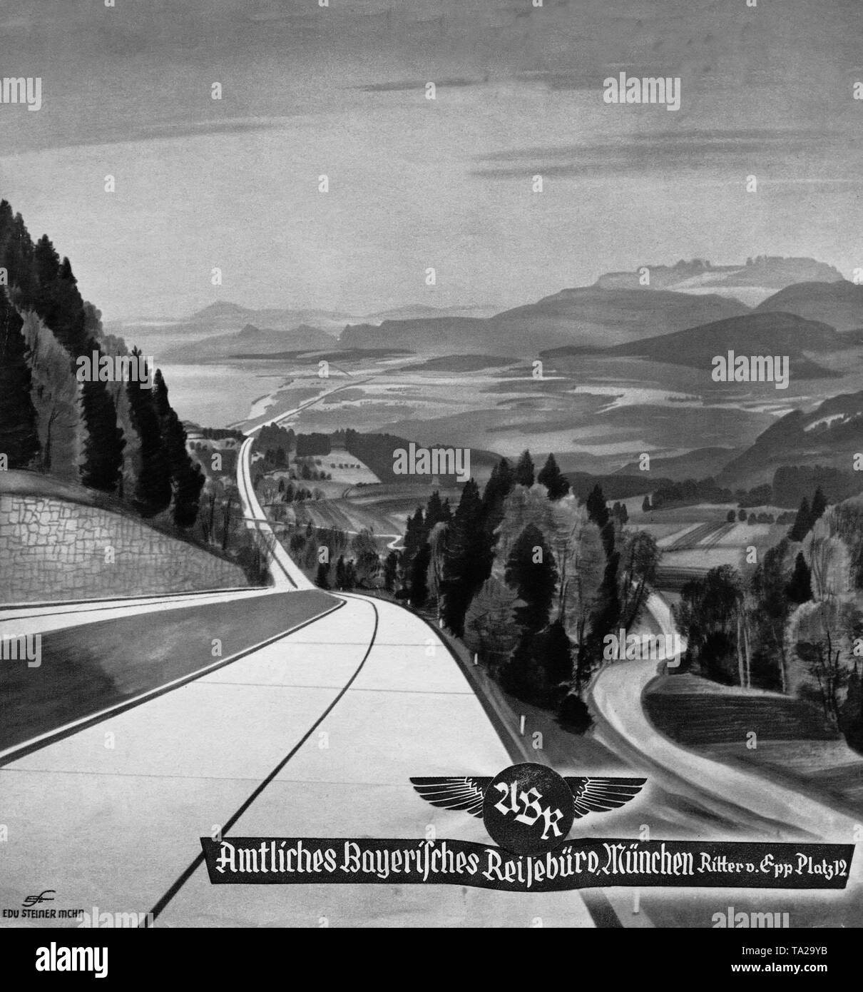 Questo dettaglio da un opuscolo del Amtliches Bayerisches Reisebuero (ufficiale bavarese agenzia di viaggi) mostra una strada che costeggia un lago di montagna. Foto Stock