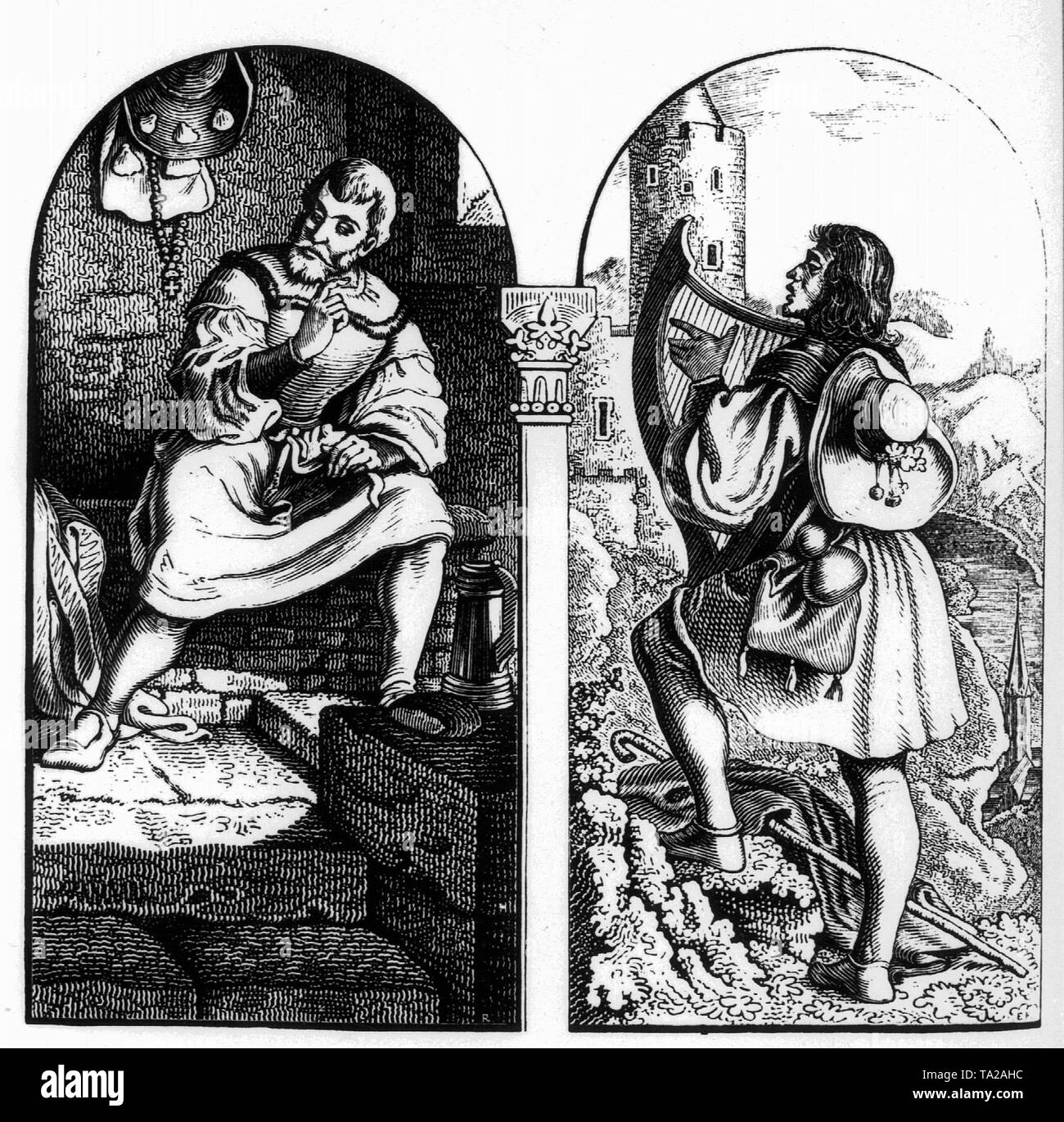 Xilografia di Ludwig Richter dalla metà del XIX secolo " Il menestrello Blondel di fronte alla prigione di re Riccardo Cuor di Leone". Foto Stock