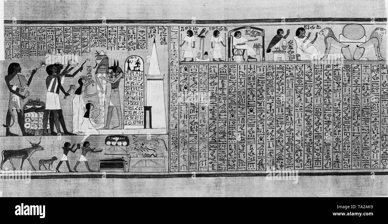 L' apertura della bocca' cerimonia dal "Libro dei Morti' dal momento Sethi I. (1312-1298). I sacerdoti di Anubi, la guida dei morti e il dio di tombe e imbalsamazione, eseguire l'apertura della bocca rituale Foto Stock