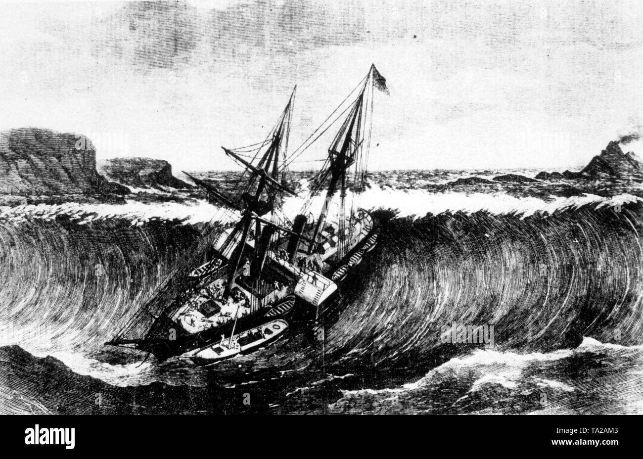 Naufragio della nave post "La Plata", che è stato distrutto prima le Isole Vergini in Indie ad ovest da uno tsunami che è stato innescato da un terremoto sottomarino. Foto di una incisione contemporanea del 1867 Foto Stock