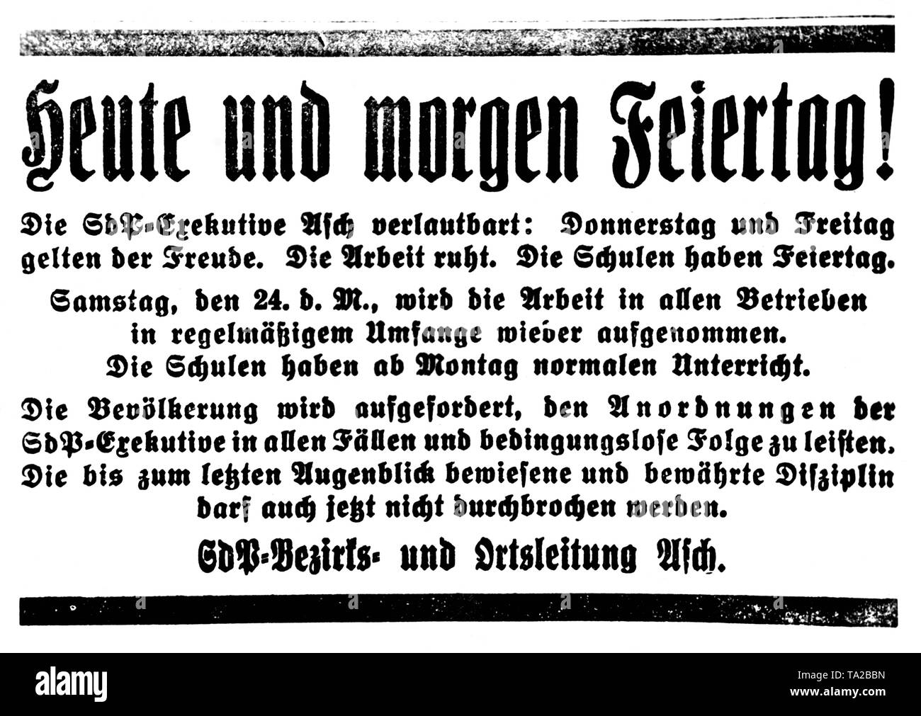 Un annuncio ufficiale in come di Settembre 22, 1938: "Oggi e domani è vacanza! Il SdP esecutivo di Come annuncia: giovedì e venerdì sono dedicati alla gioia. Mettere da parte il lavoro. Si tratta di vacanza nelle scuole. Il Sabato, 24th, il lavoro viene ripreso in tutte le imprese su una base regolare. Le scuole hanno normali classi dal lunedì. Le persone sono chiamati a seguire gli ordini dei dirigenti SdP in tutti i casi e senza condizioni. Anche ora la fermezza dimostrata e stabilita la disciplina non devono essere rotti. SdP distretto e autorità locale di come. Foto Stock