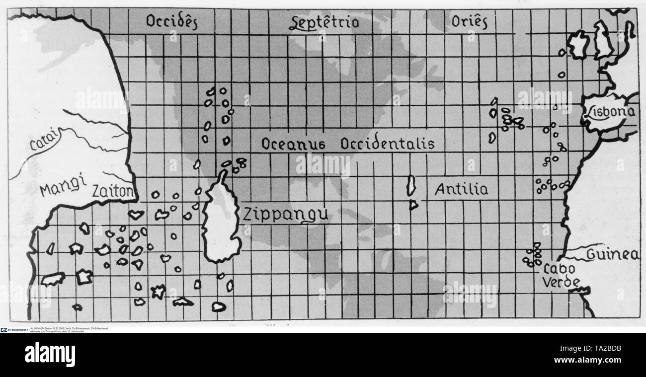 Registrati: 01.01.1400 - 12.31.1499. La mappa del mondo di Paolo dal Pozzo Toscanelli. Zippangu sta per il Giappone, Mangi per l'India, le aree scure nel mezzo non sono parte della mappa originale, ma mostrano la posizione del successivamente scoperto continente America. Foto Stock