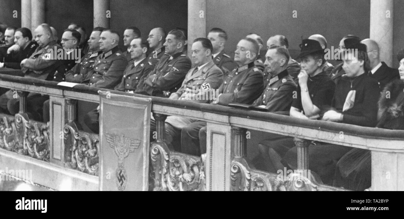 Nella casella VIP in Lucerna Grande Hall durante un rally. A sinistra : Lieutenant-General von Waldow, generale della fanteria Erich Friderici, Gauleiter del Sudetengau Konrad Henlein, Segretario di Stato di Karl Hermann Frank, Gauleiter di Niederdonau Hugo giuria, il tenente generale Richard Speich, Il colonnello Kurt von Briesen e il paese Direttore del Fascio Comm. Il Cav. Riccoboni (sinistra). Dal marzo 1939, le aree della Boemia e Moravia era sotto occupazione tedesca. Foto Stock