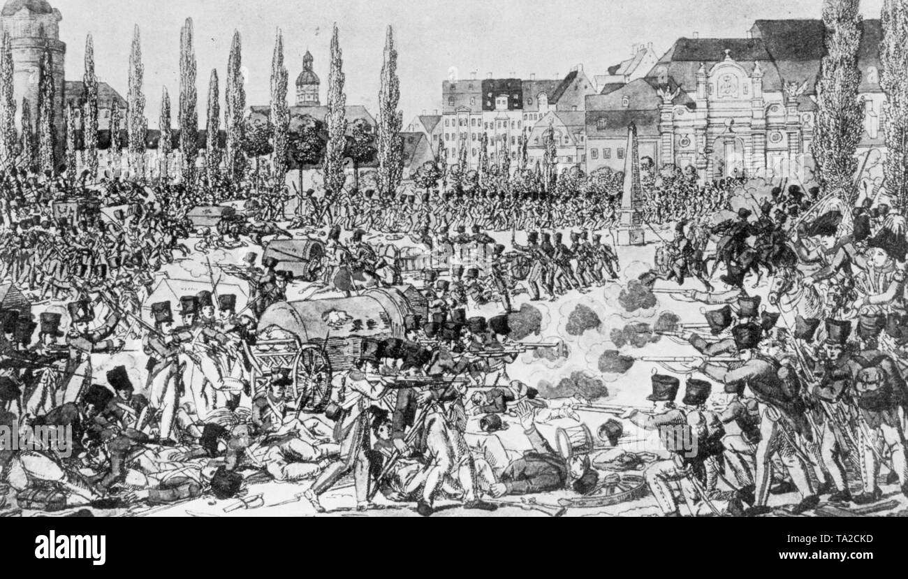 Vista di San Pietro gate su la battaglia di Lipsia, combattuto 16-19 ottobre 1813 in Sassonia Foto Stock