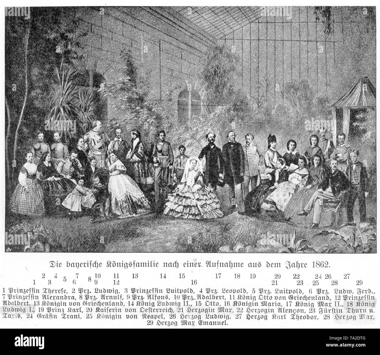 Bavarese della famiglia reale nel 1862: 1. La principessa Teresa, 2. Il principe Ludwig, 3. La principessa Luitpold, 4. Il principe Leopoldo, 5. Il principe Luitpold, 6. Il principe Luigi Ferdinando, 7. La principessa Alexandra, 8. Il principe Arnulf, 9. Il principe Alfonso, 10. Il principe Adalberto, 11. Otto re di Grecia, 12. La principessa Adalberto, 13. Regina di Grecia, 14. Il re Ludwig II, 15. Otto, 16. Queen Mary, 17. Re Max II, 18. Re Ludwig I, 19. Il principe Carlo, 20. L'Imperatrice d'Austria, 21. La duchessa max, 22. La duchessa Alencon, 23. La principessa di Thurn und Taxis, 24. La contessa Trani, 25. Regina di Napoli, 26. Il Duca Ludovico, 27. Il duca Karl Theodor, 28. Il duca Foto Stock