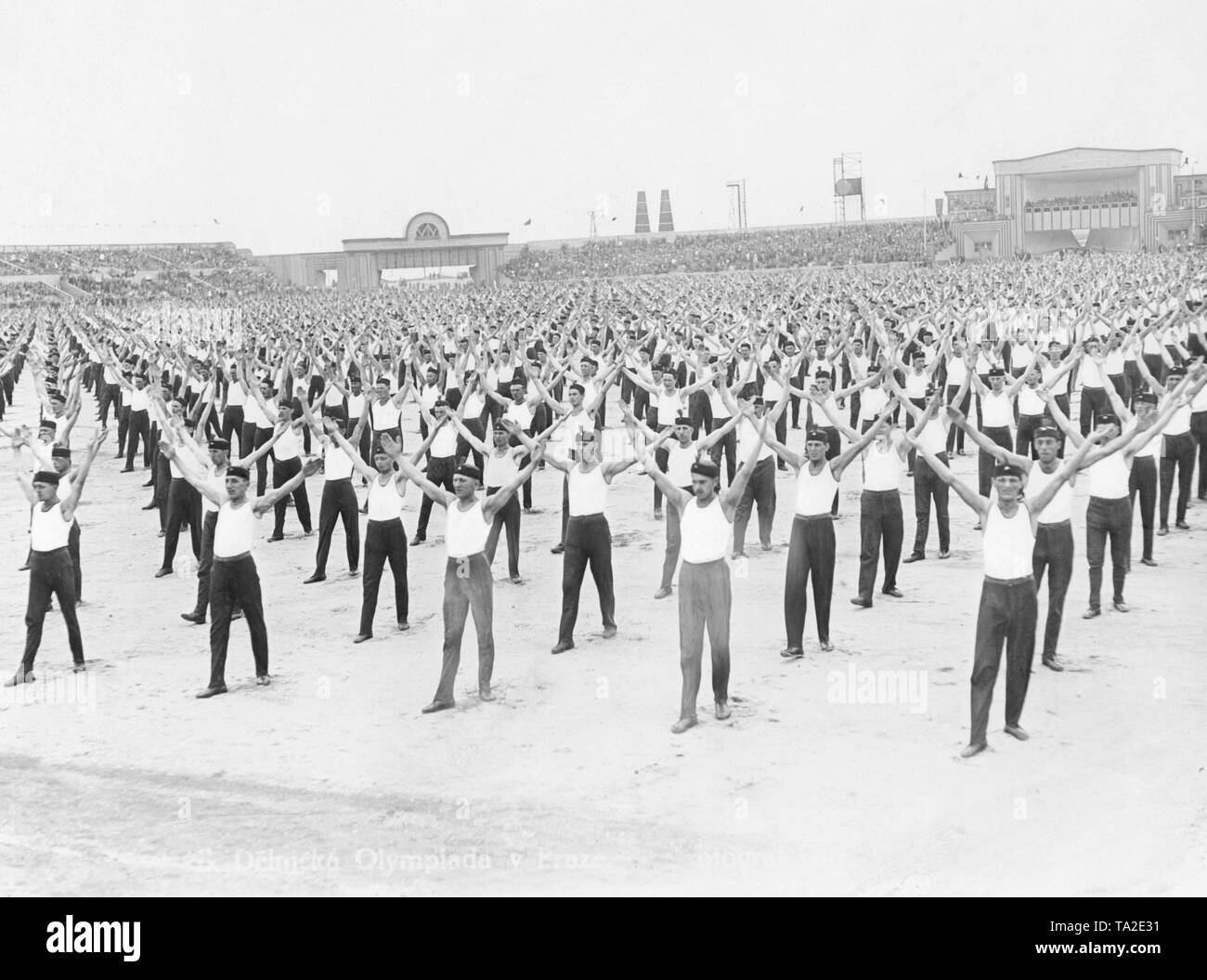 Il Sokol ginnastica movimento ad un Olimpiade a Praga. Gli uomini fare ginnastica in uno stadio. Il Sokol movimento era una nazionale e patriottica organizzazione di ginnastica. Foto Stock