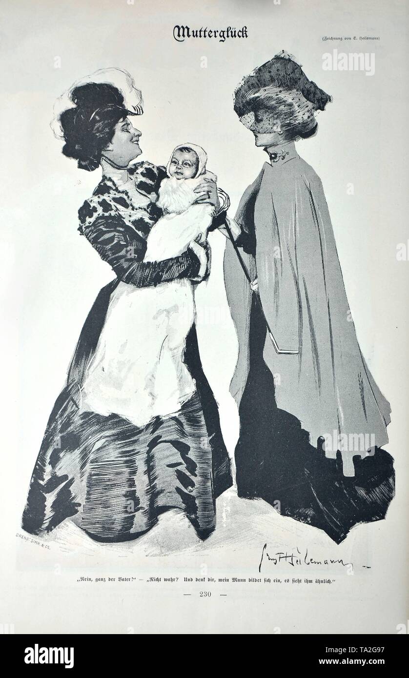 Disegno 'Mutterglueck' (la gioia della maternità) da Ernst Heilemann. Cartone animato dalla rivista satirica 'implicissimus", volume 4, numero 29 (1899). Sotto la foto: 'No, egli è proprio come il padre! Non è lui?' ' e pensare che mio marito immagina, egli guarda come lui". Foto Stock