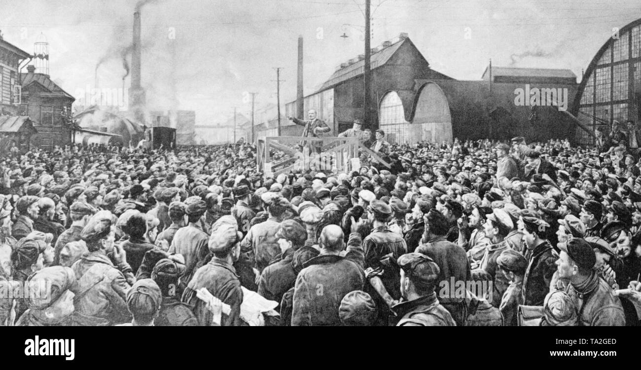 Lenin parla ai dipendenti della pianta di Kirov di San Pietroburgo. Le proteste di colpire i lavoratori dell'impianto di Kirov ha iniziato la Rivoluzione di febbraio. Foto Stock