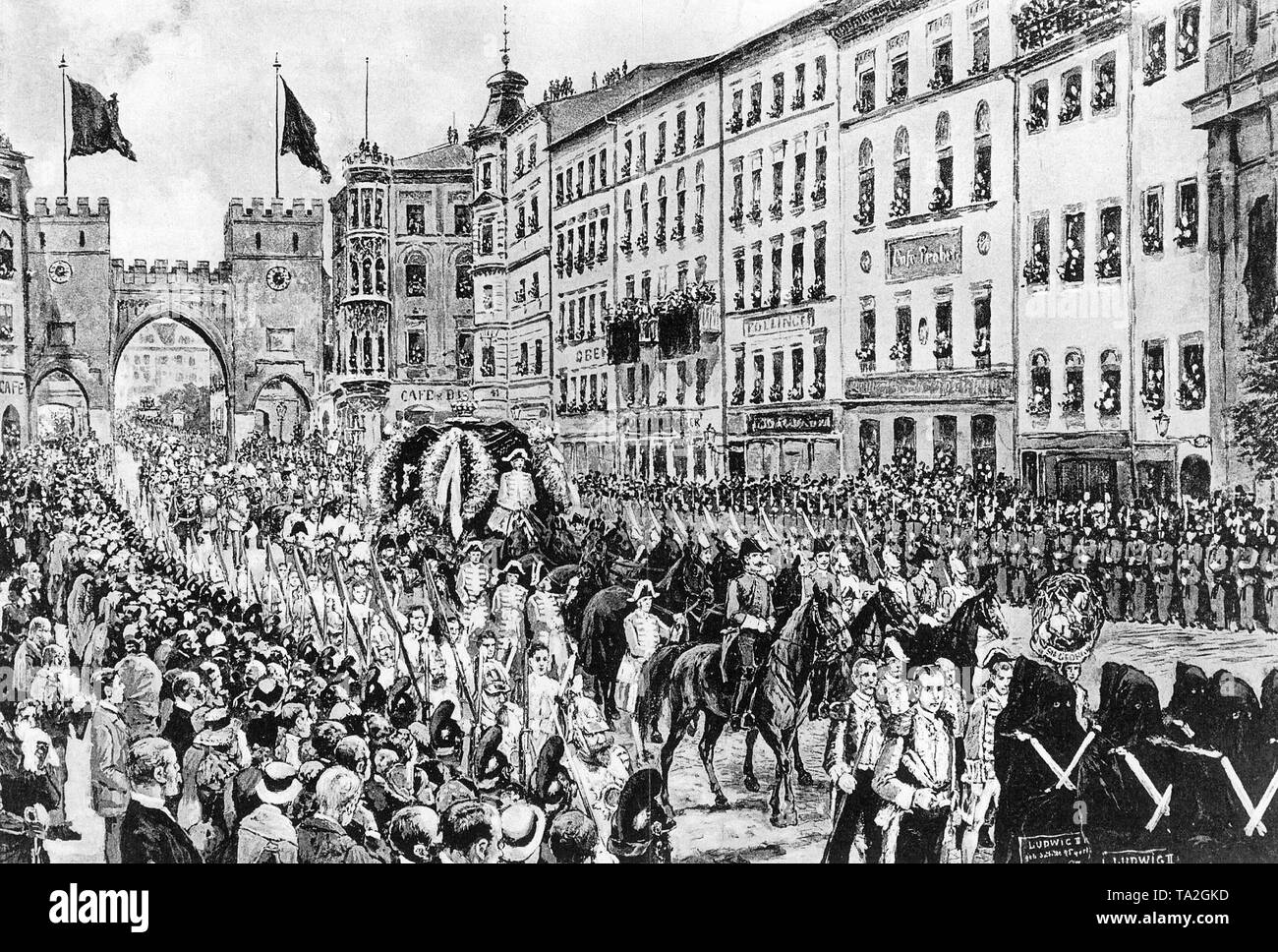 Processione al funerale di Ludwig II di fronte alla Karlstor a Monaco di Baviera a piedi attraverso il Neuhauser-Kaufingerstrasse. Disegno Contemporaneo. Foto Stock