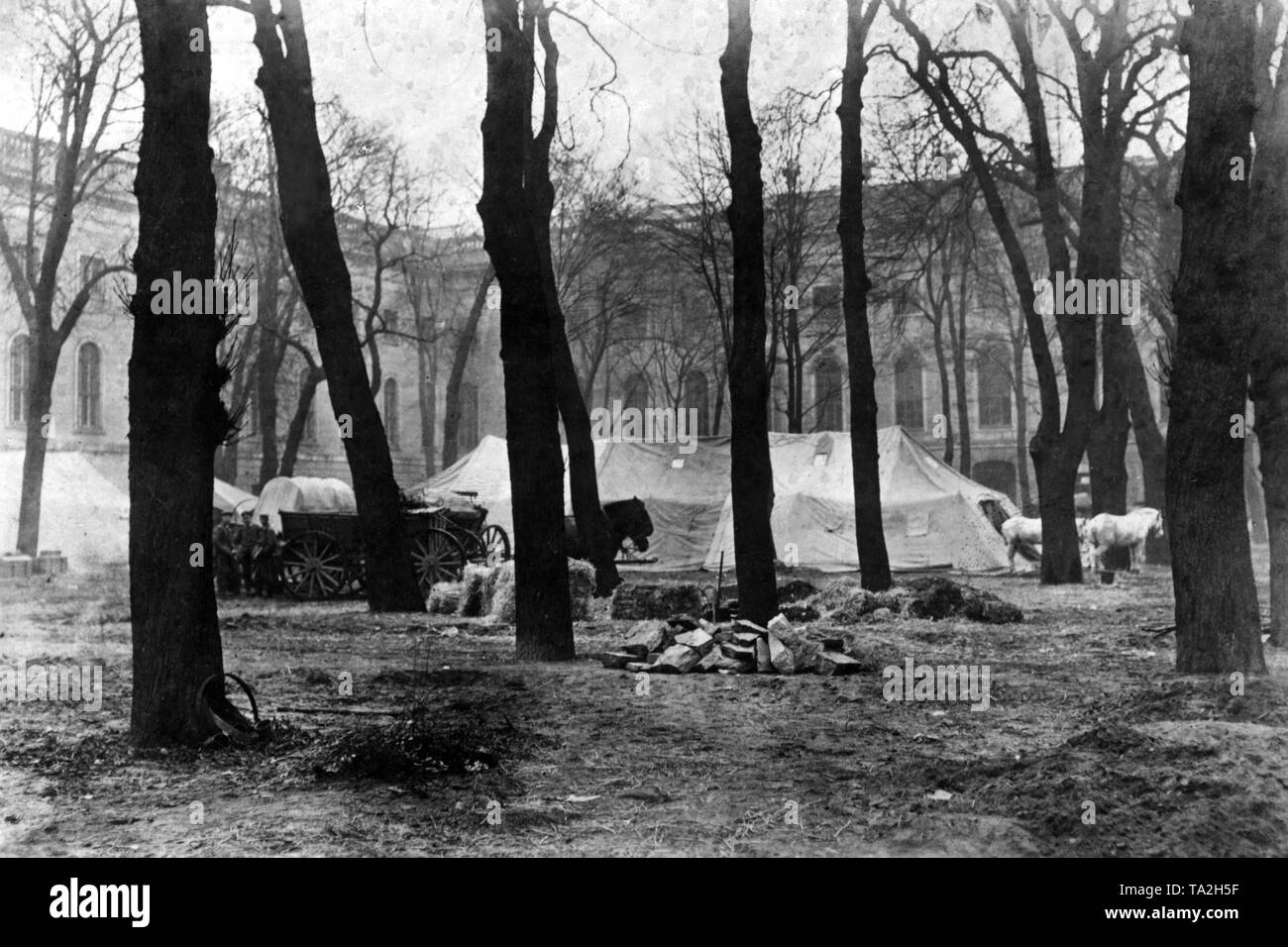Durante il mese di marzo a Berlino le battaglie più Freikorps le unità supportano le truppe governative nella soppressione dei moti. Alcuni soldati sono sistemati in tende, come nel giardino dell'Università di Berlino. Foto Stock