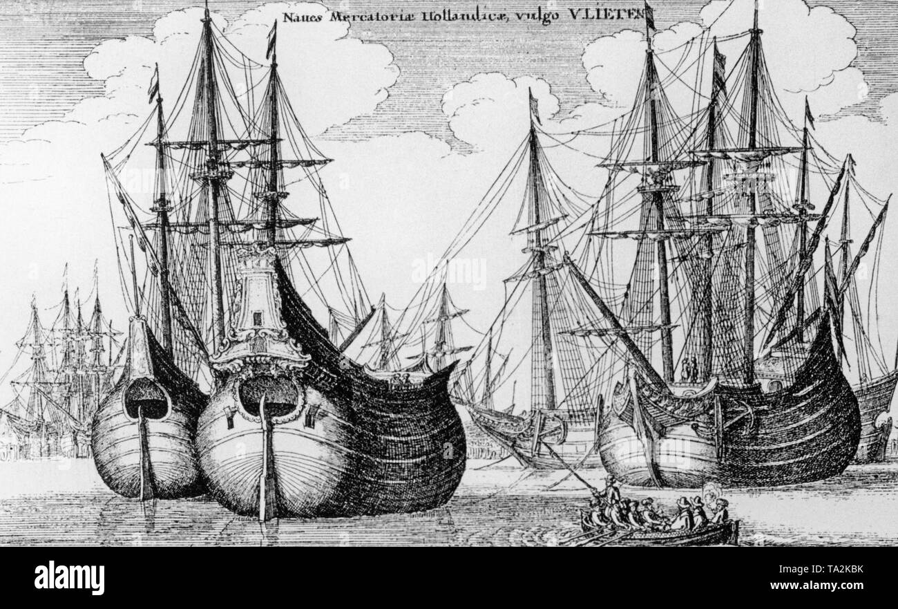 Olandese di navi mercantili si trovano nella loro casa port. Incisione a partire dalla metà del XVII secolo. Foto Stock