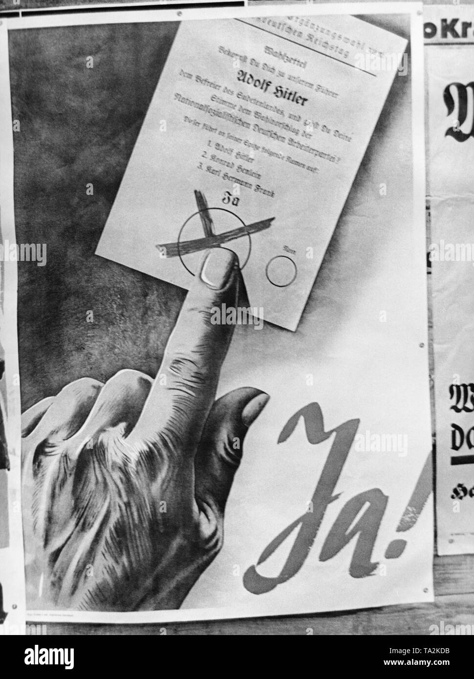 Campagna elettorale per il plebiscito. I tedeschi dei Sudeti esprimere il loro voto riguardante l'annessione dei Sudeti al Reich tedesco. Sul poster, una immagine di un voto e la richiesta di un "Sì!". Foto Stock