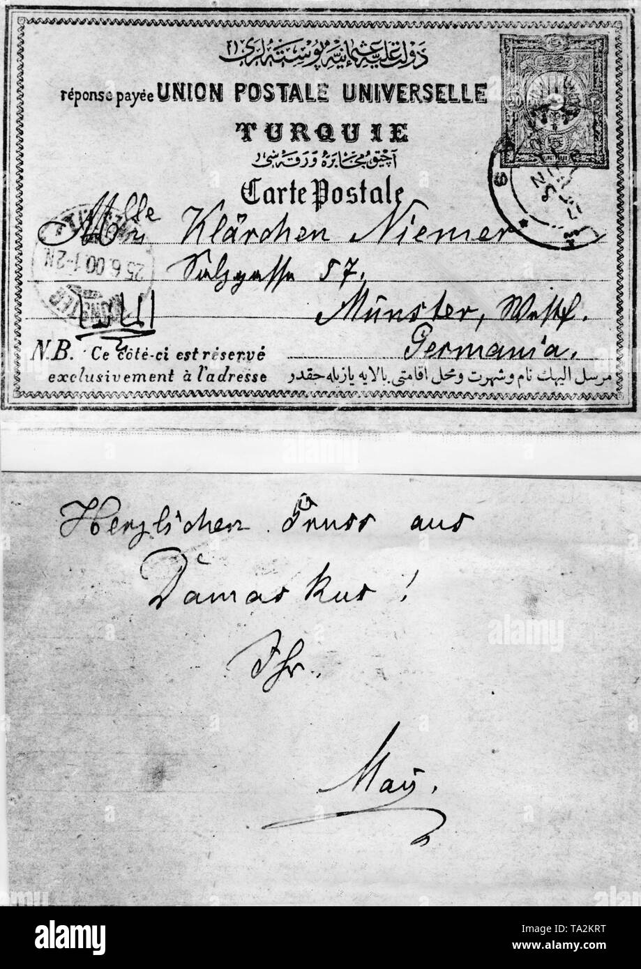 Karl May ha scritto questa cartolina da Damasco per Klaerchen Niemer (sua moglie Klara Ploehn) in Muenster, 1900. Foto Stock