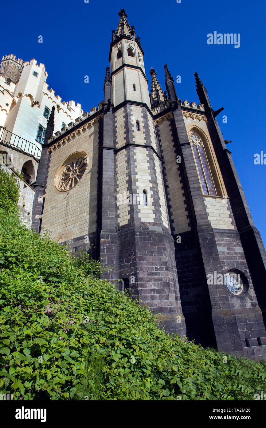 Vista parziale del Castello di Stolzenfels, cappella del castello, Coblenza, sito patrimonio mondiale dell'Unesco, Valle del Reno superiore e centrale, Renania-Palatinato, Germania Foto Stock