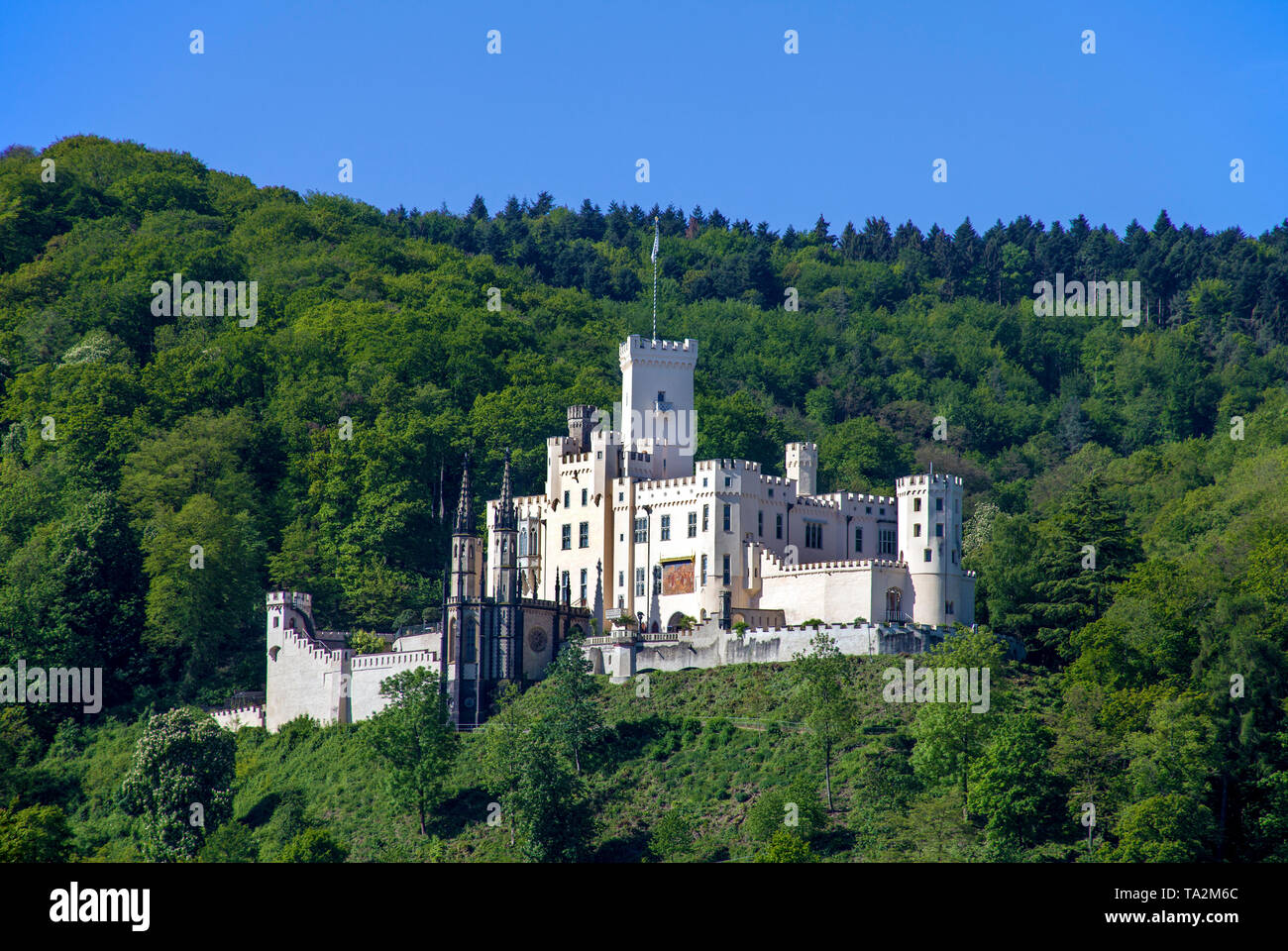 Castello di Stolzenfels, Revival gotico palace presso la città di Coblenza, sito patrimonio mondiale dell'Unesco, Valle del Reno superiore e centrale, Renania-Palatinato, Germania Foto Stock