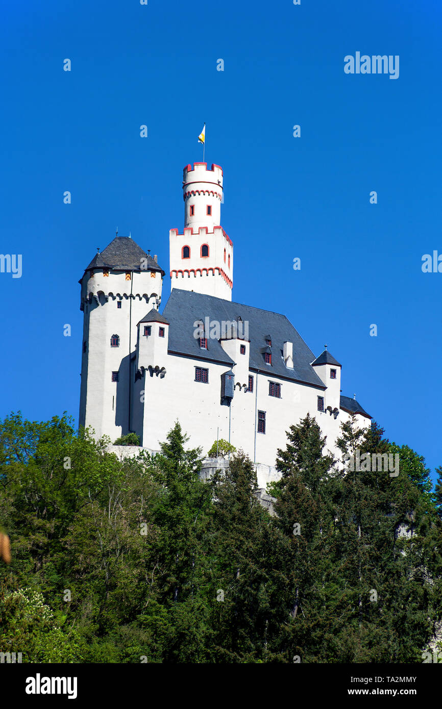 Muoiono il Marksburg a Braubach, UNESCO-Welterbe, Oberes Mittelrheintal Renania-Palatinato, Deutschland | Il Marksburg castello presso il villaggio Braubach, Unesco wor Foto Stock