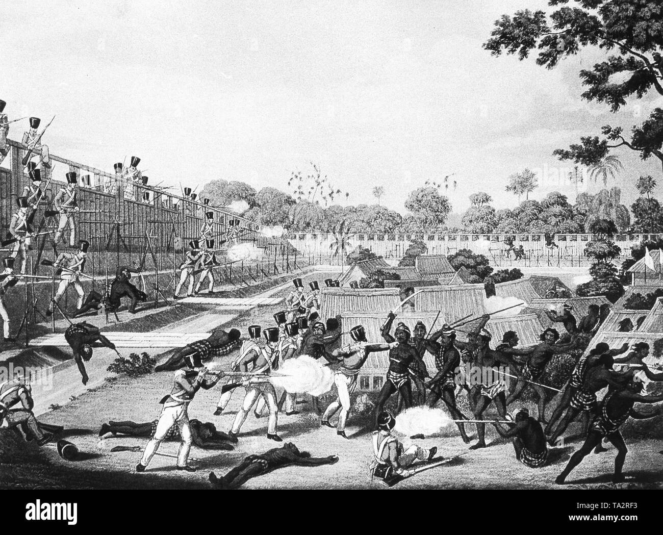Illustrazione contemporanea della battaglia di Rangoon nella prima guerra Anglo-Burmese Foto Stock