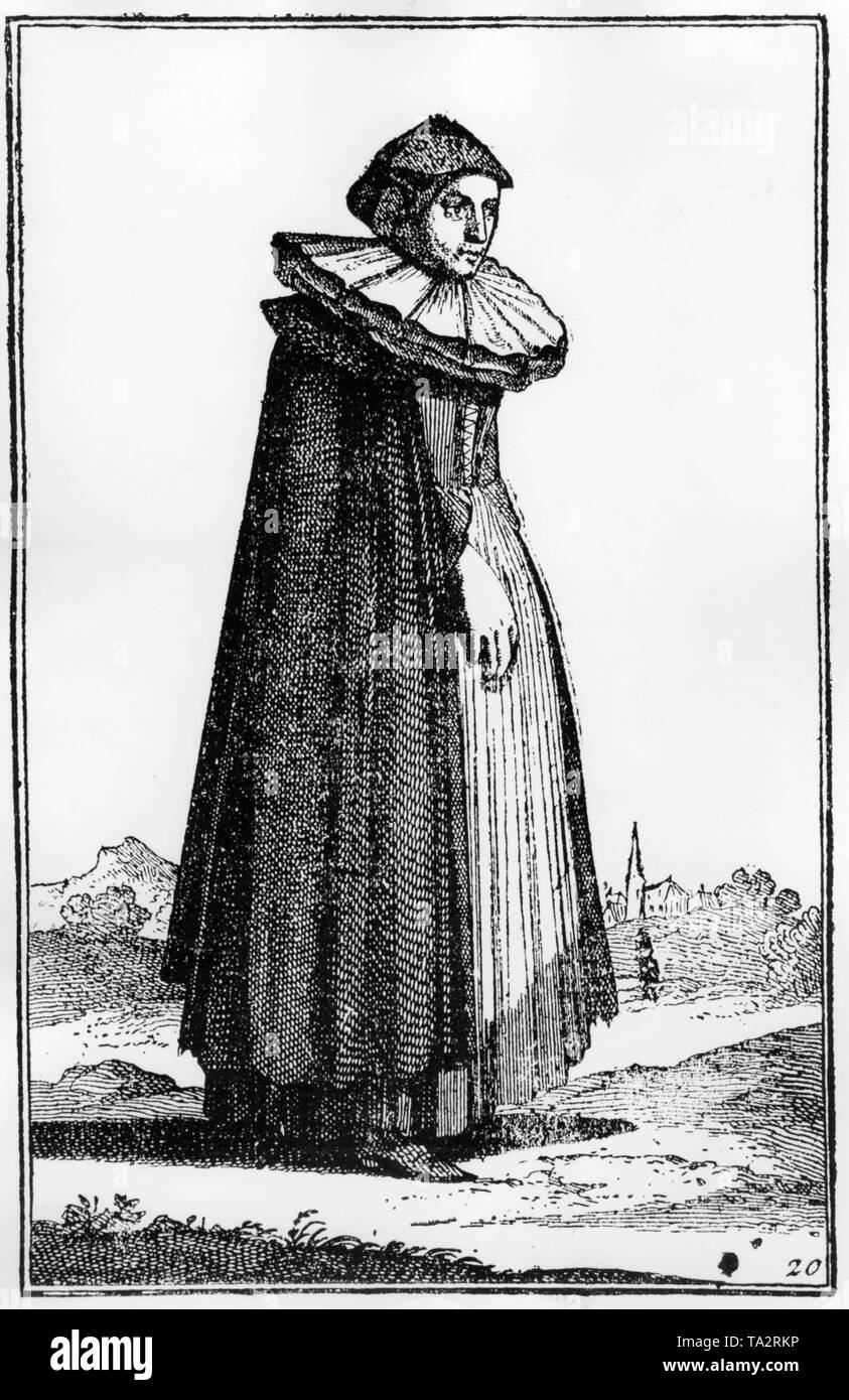 Questa incisione su rame dal Tyroff'schen Trachtenbuch (Libro di costumi di Tyroff) presumibilmente mostra una donna ebrea in costume, che è il suo modo alla sinagoga di Norimberga. Foto Stock