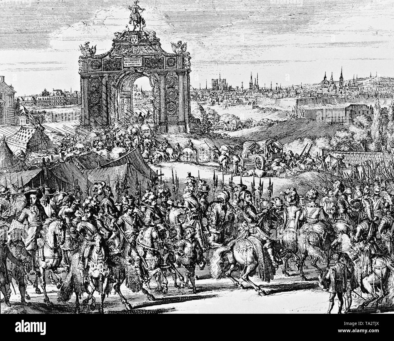 Durante il regno di Luigi XIV una corte francese società rievocato la voce di Alessandro Farnese a Parigi nel 1592. Incisione contemporanea. Foto Stock