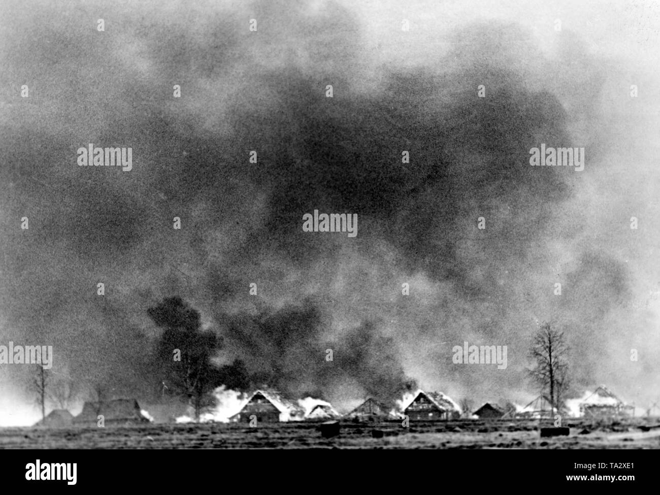 Durante le battaglie del reggimento di granatieri 'Feldherrnhalle' e delle truppe dell'Armata Rossa, un villaggio va in fiamme a sud dell'Ilmensee nella parte settentrionale del fronte orientale. PK-Foto: corrispondente di guerra Schlaudraff. Foto Stock Durante le battaglie del reggimento di granatieri 'Feldherrnhalle' e delle truppe dell'Armata Rossa, un villaggio va in fiamme a sud dell'Ilmensee nella parte settentrionale del fronte orientale. PK-Foto: corrispondente di guerra Schlaudraff. Foto Stock