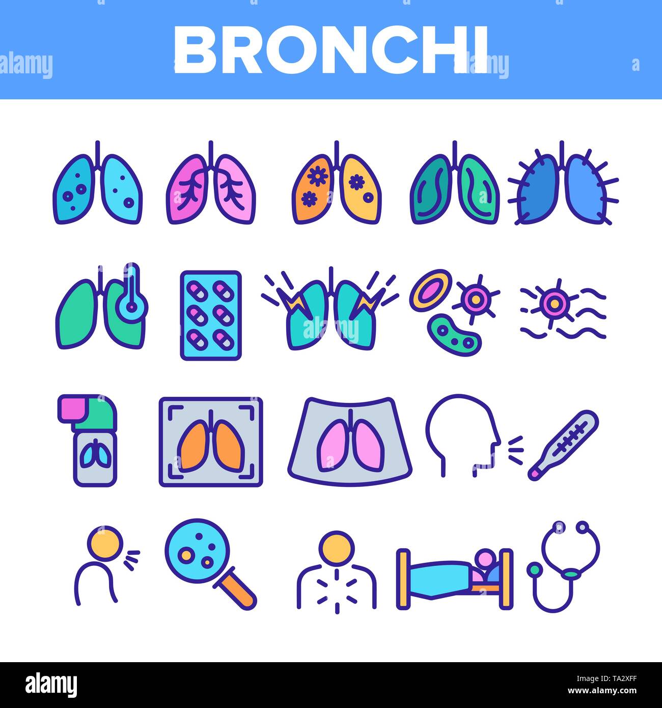 Bronchiti, asma allergica sintomi vettore lineare set di icone Illustrazione Vettoriale