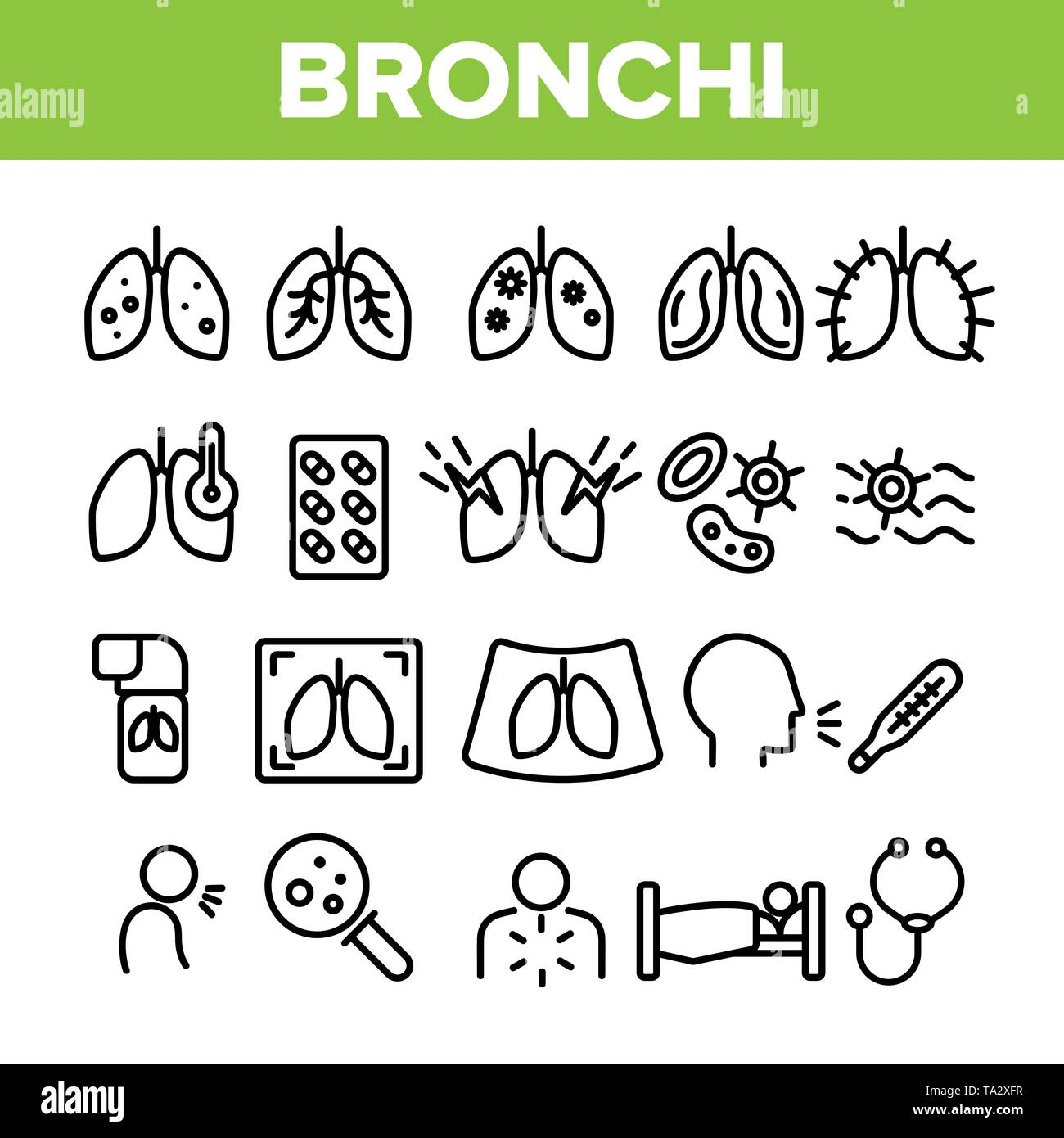 Bronchiti, asma allergica sintomi vettore lineare set di icone Illustrazione Vettoriale