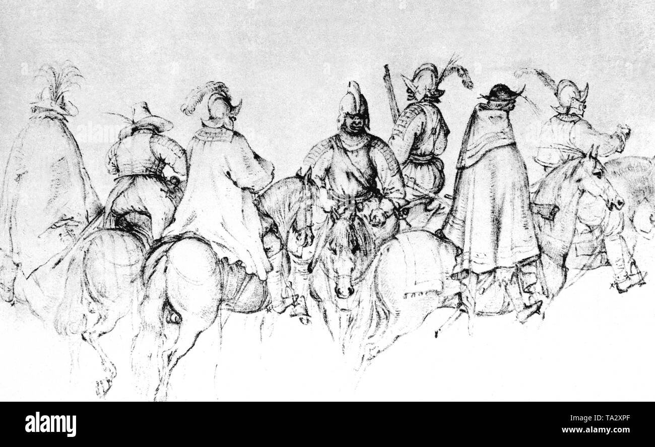 Disegno di Jan Martsen. Durante la guerra dei trenta anni le bande di soldati di quasi tutti i paesi europei trysted tedesco su motivi, tra loro questi svedese e ungherese piloti. Foto Stock