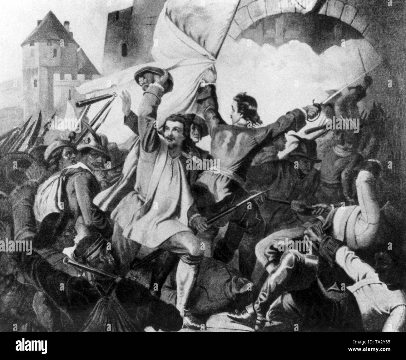 Plinganser e tempesta Meindl Braunau, in van bavarese difensore nazionale nel 1705. Dopo un dipinto di G. v. Seyhold. Non datata (foto) Foto Stock