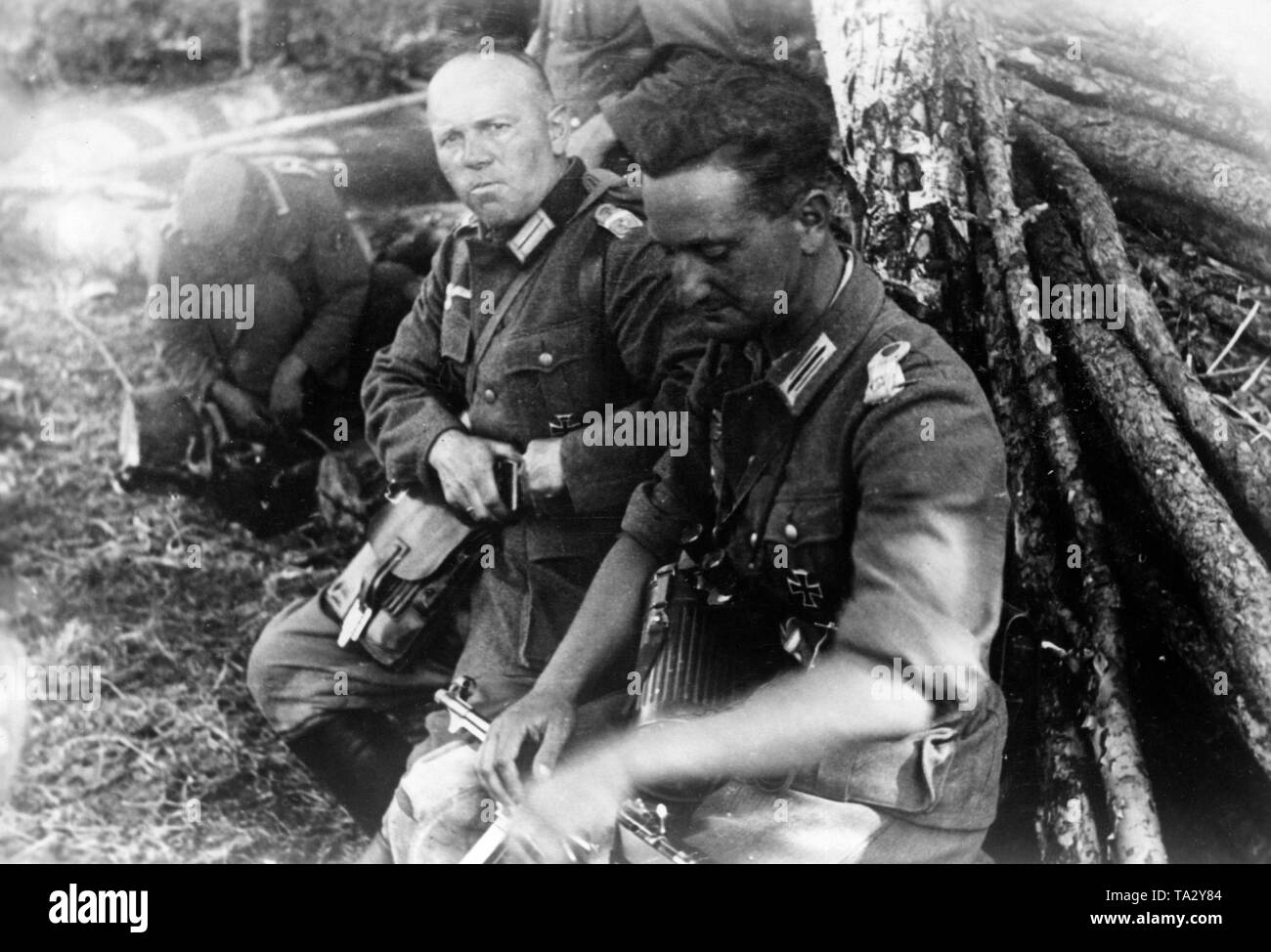 Seduto sulla sinistra, il Colonnello Franz Becker, sulla destra un tenente. Becker fu comandante del terzo reggimento di fanteria del xxi divisione di fanteria della Wehrmacht. La divisione è stata dispiegata sul fronte orientale come parte del Gruppo di Armate Nord. La foto mostra i preparativi per la battaglia di Novgorod. Foto: reporter di guerra Kempe. Foto Stock Seduto sulla sinistra, il Colonnello Franz Becker, sulla destra un tenente. Becker fu comandante del terzo reggimento di fanteria del xxi divisione di fanteria della Wehrmacht. La divisione è stata dispiegata sul fronte orientale come parte del Gruppo di Armate Nord. La foto mostra i preparativi per la battaglia di Novgorod. Foto: reporter di guerra Kempe. Foto Stock