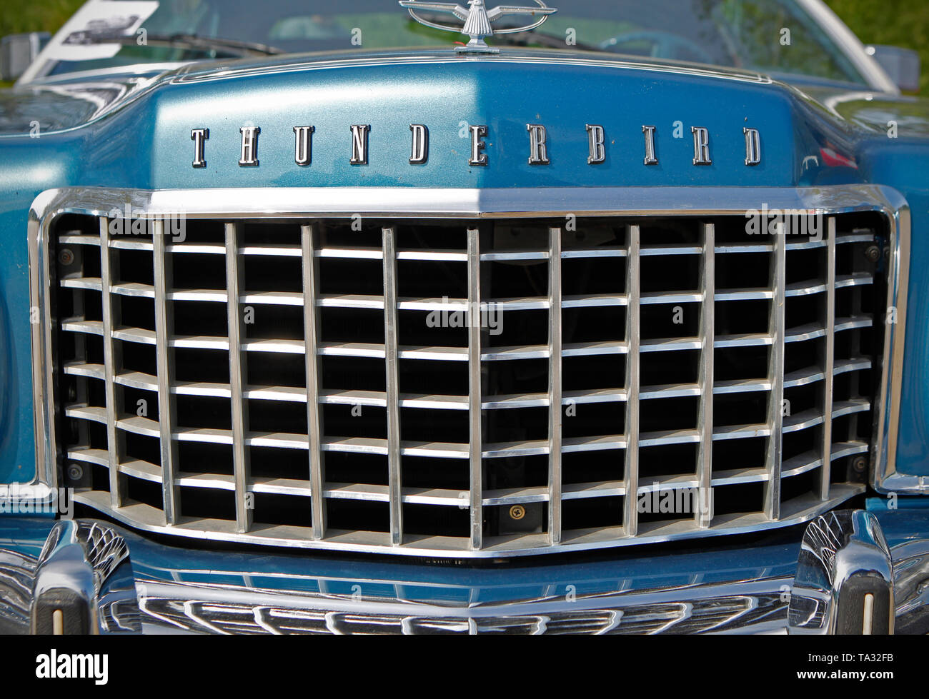 Dettaglio della vista frontale di una classica Ford Thunderbird blu che mostra la griglia cromata a reticolo d'uova prominente e la scritta T H U N D E R B I R D sul cofano Foto Stock