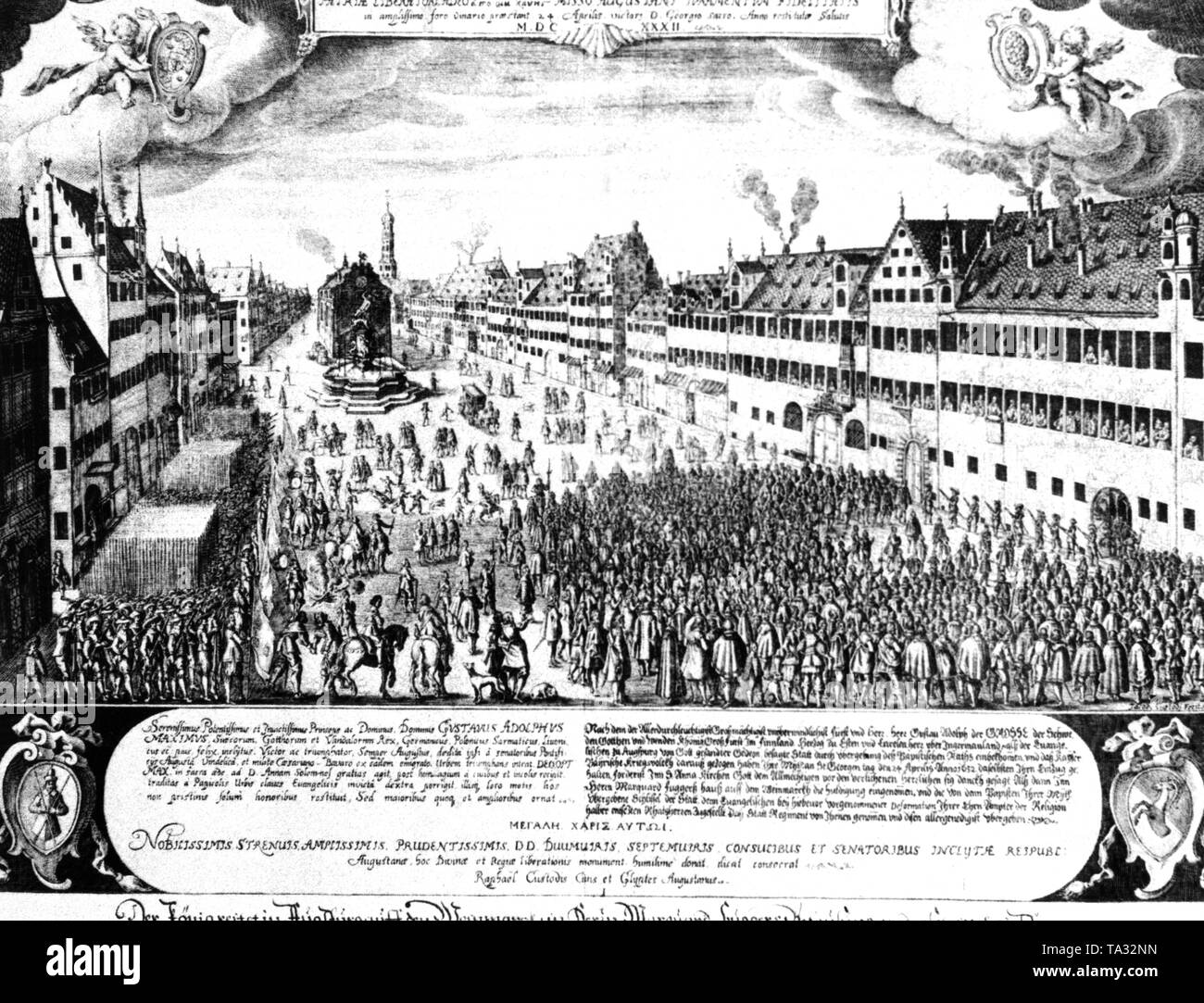 L'incisione su rame di Raffaello custode e suo fratello Giacobbe da l'anno 1634 mostra la ricezione di Gustav Adolf al mercato del vino in Augsburg su 24.04.1632 e l'omaggio di Augsburg i cittadini per il re svedese. Foto Stock