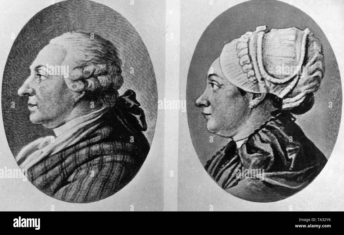 Ritratto di profilo di consigliere imperiale Johann Caspar Goethe con sua moglie Catherina Elisabeth Goethe Foto Stock