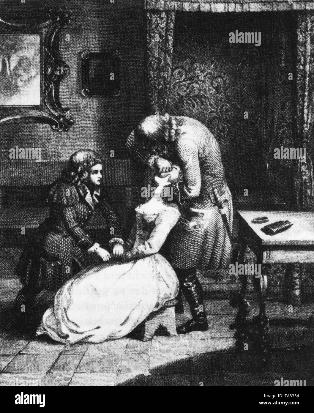 Zar russo Pietro il Grande estrae un dente di una corte lady. Foto non datata intorno al 1700. Foto Stock