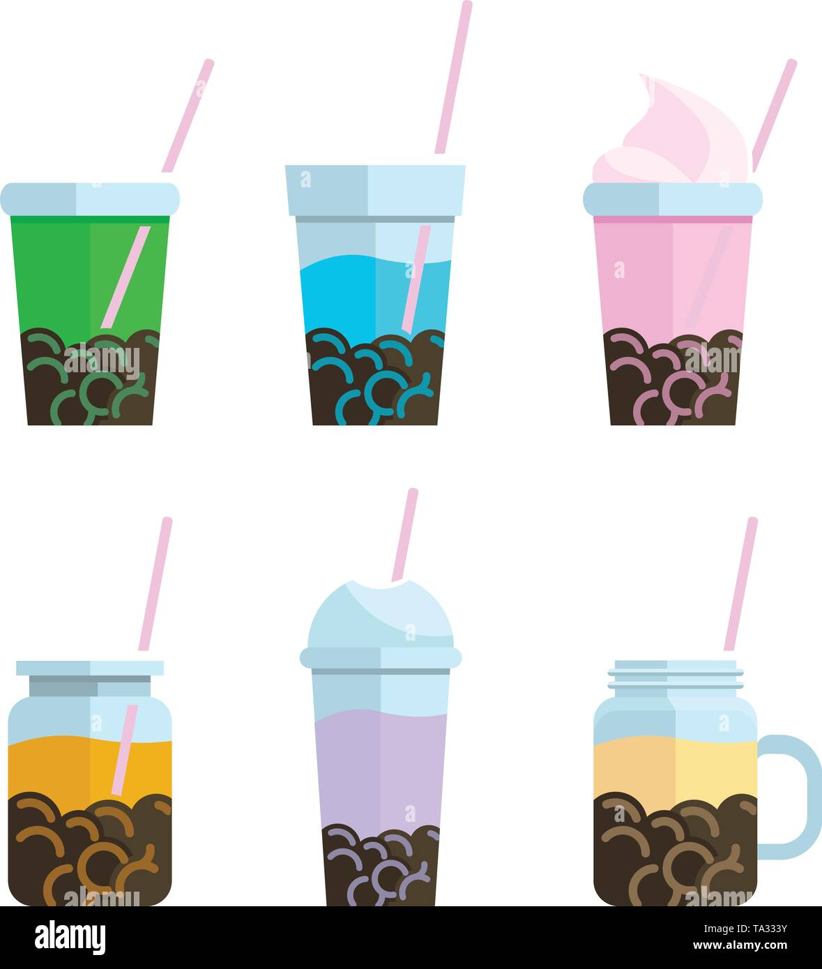 Bubble tea icon set in stile appartamento, con latte tè, shake, bere, versando, boba succhi di frutta e molto altro. linea del vettore illustrazione Illustrazione Vettoriale