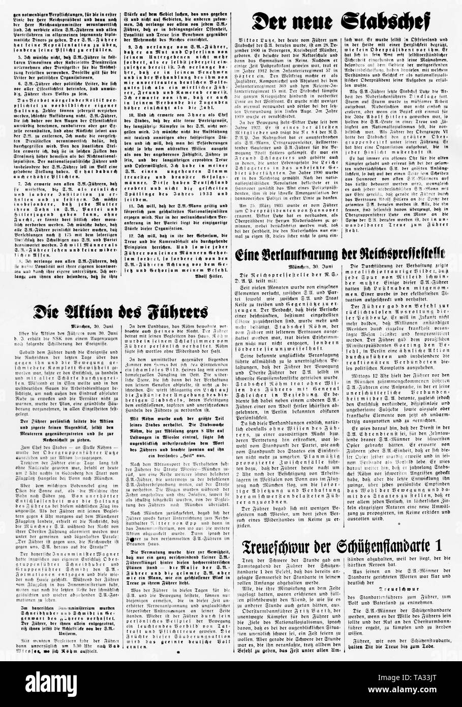 Pagina di giornale sul Roehm-Putsch presumibilmente nel 'Voelkischer Beobachter', il giornale del partito della NSDAP, con la stampa sul 'l'azione del Fuehrer', come pure il nuovo capo del personale della SA Viktor Lutze, una dichiarazione dell'ufficio stampa nonché il giuramento di fedeltà del Schuetzenstandarte 1. Foto Stock