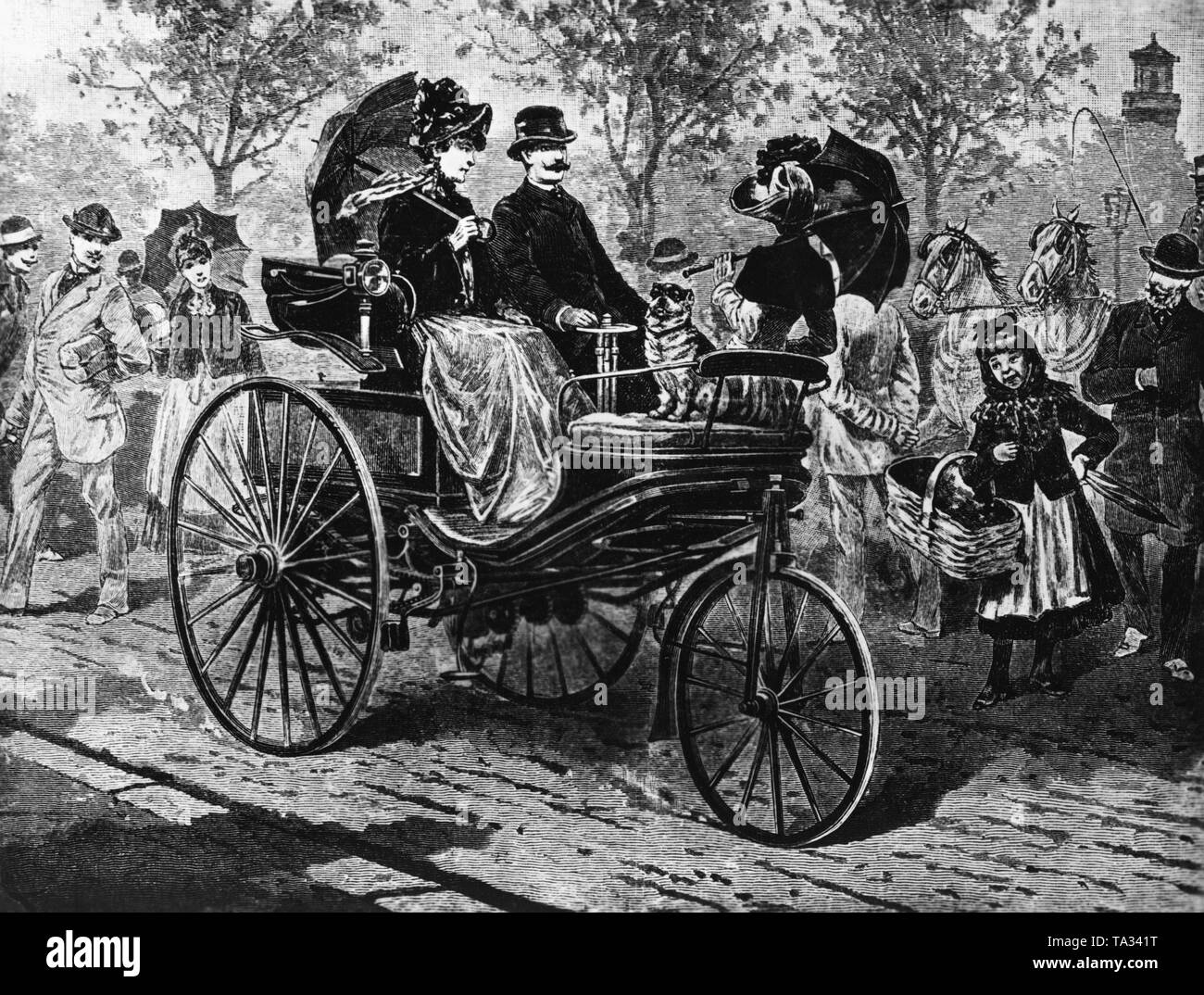 Fate un giro in Benz Patent Motorwagen nr. 3, la prima automobile che Carl Benz prodotte e vendute in serie. Foto Stock