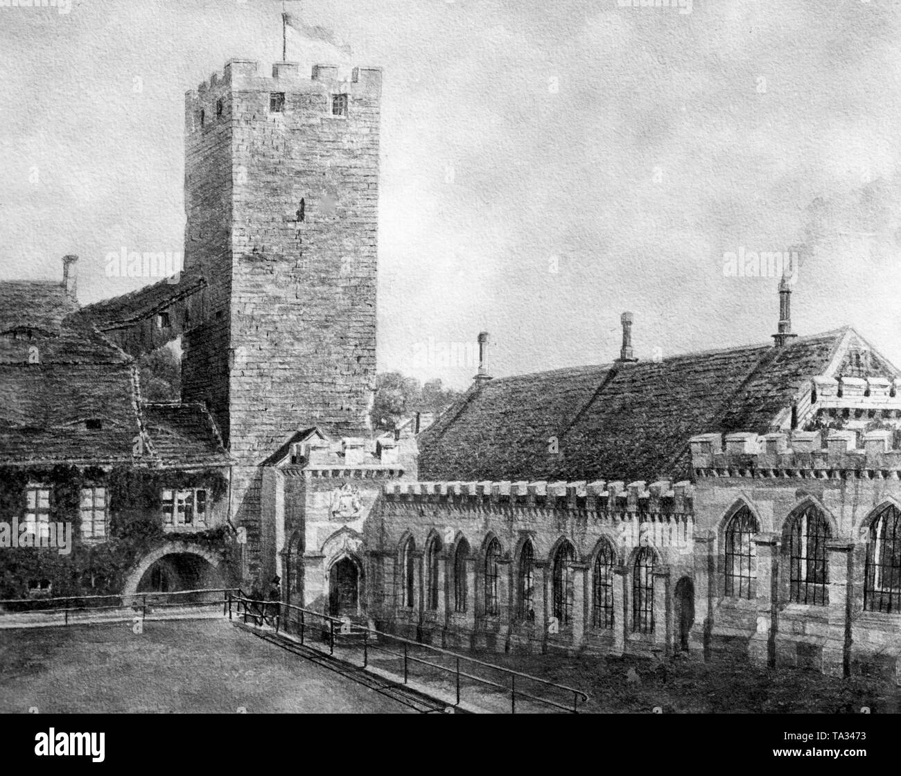 Il cortile e la vecchia casa (fino al 1878) del 'Gneisenau Castello' Sommerschenburg in Sommersdorf, Prussia. Prima del 1945 il castello fu di proprietà dei discendenti di Maresciallo di Campo August Wilhelm Antonius Graf Neidhardt von Gneisenau. Acquarello dipinto nel 1856 da Ottilie Contessa von Gneisenau, la seconda figlia del maresciallo di campo. Foto Stock