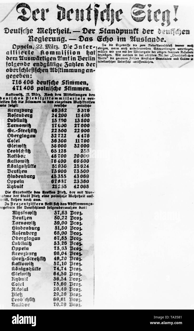 Sotto il titolo "La vittoria tedesca", un giornale di Opole elenca il polacco e tedesco voti dei vari distretti due giorni dopo la votazione. I dati sono forniti dalla Commissione Inter-Allied e il Federal Foreign Office. Foto Stock
