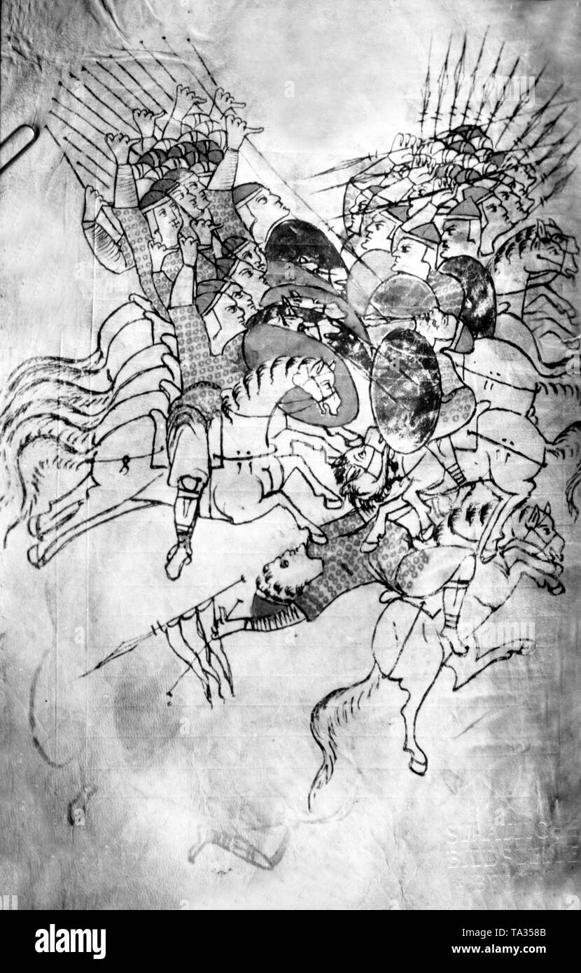 Henry Ho sconfitto gli ungheresi nella battaglia di Unstrut. Il Land della Baviera e della Svevia, Franconia, Lorena, Sassonia e Turingia erano tutti coinvolti nella battaglia. Foto Stock