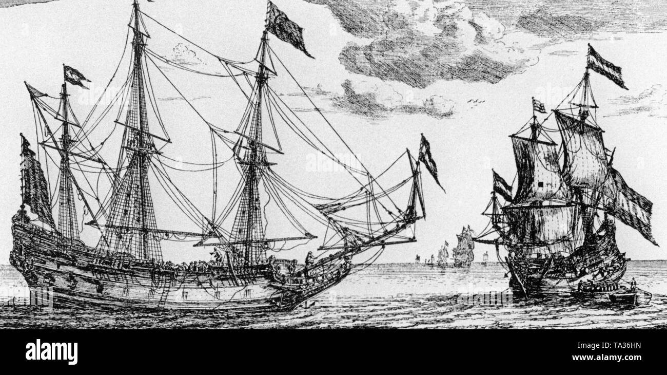 Olandese di navi mercantili di soddisfare in mare, contemporanea incisione su legno. Foto Stock