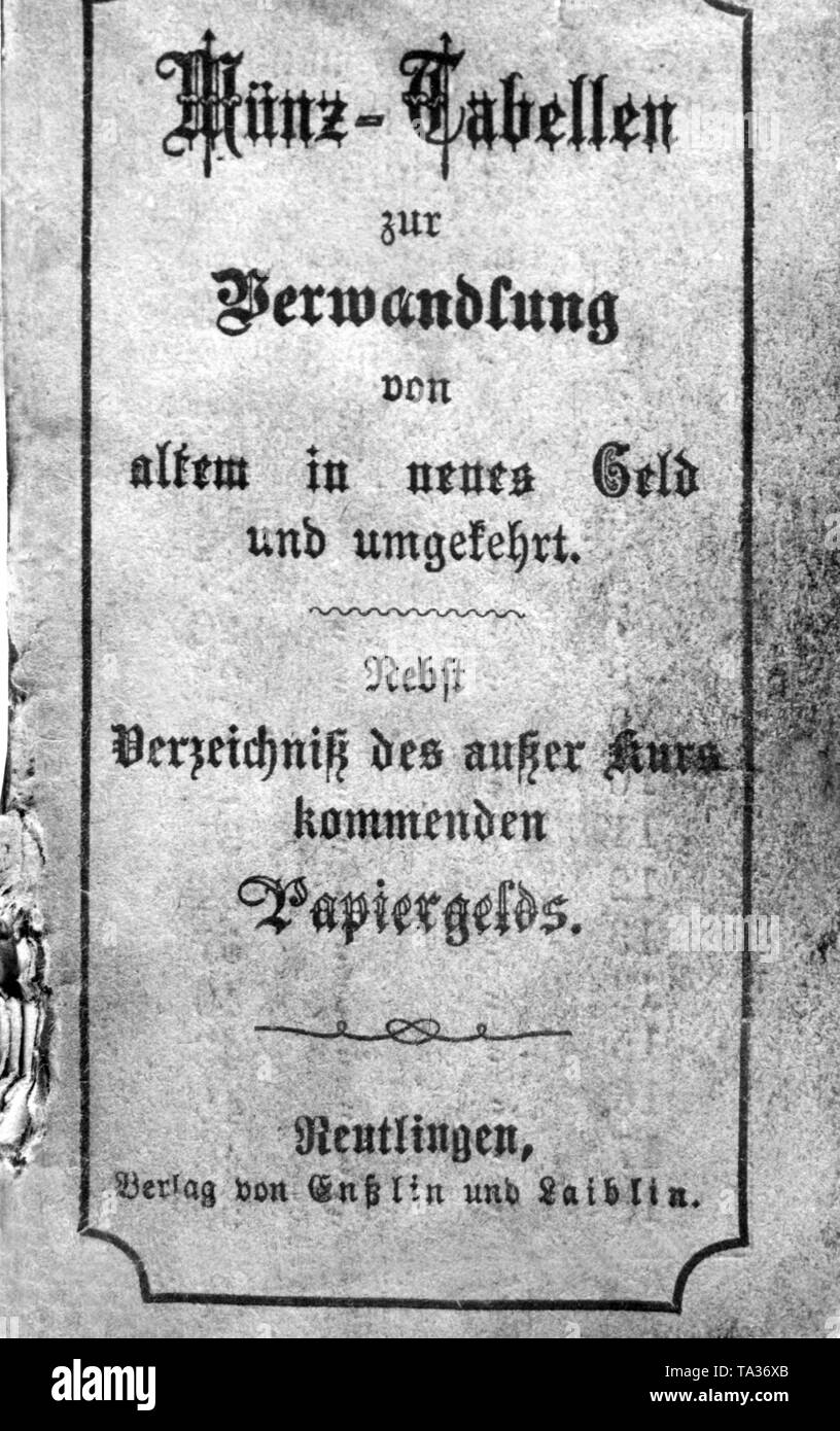 Coin grafico per la determinazione dei prezzi nella vecchia e nuova moneta dopo il cambio di moneta da Reichs- Rentenmark. Linee guida di conversione sono state vendute in tutto il mondo. Foto Stock