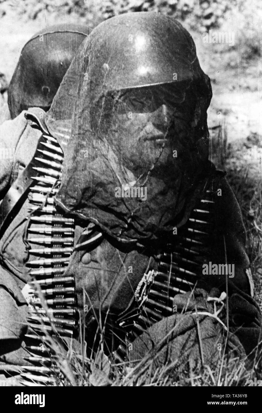Durante le battaglie nelle paludi del Volkhov, questo soldato protegge se stesso contro innumerevoli zanzare con un net. Foto di Propaganda Company (PK): corrispondente di guerra Lang. Foto Stock