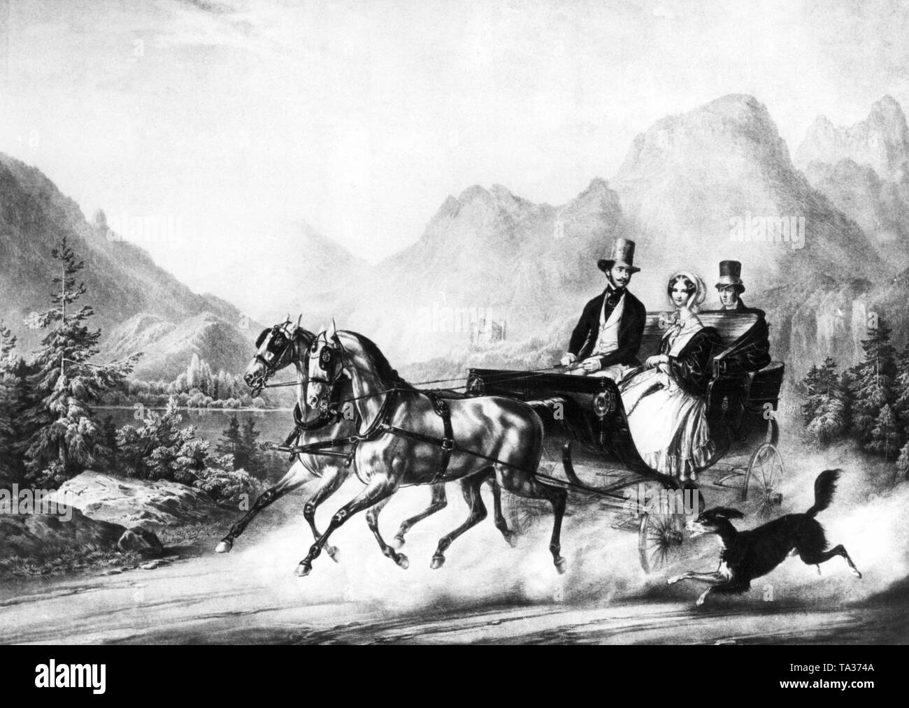 Il re bavarese Massimiliano II Giuseppe insieme con sua moglie Marie equitazione di Hohenschwangau. Dipinto dal pittore di corte Joseph Karl Stieler. (Foto non datata, c. 1840s) Foto Stock