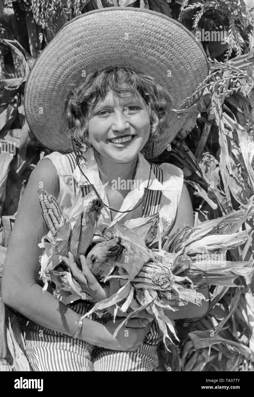 Miss Maurine Hamman, vincitore del "campione americano Farm Girl' agricola concorso presso il Los Angeles Country Fair a Pomona. Qui ella è mais peeling. Foto Stock
